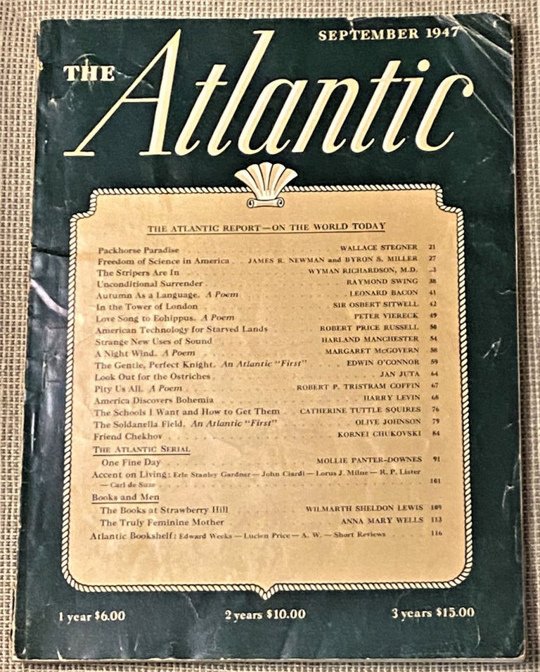 Item #66542 The Atlantic September 1947. Erle Stanley Gardner Wallace Stegner, others, John Ciardi.