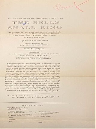 The Bells Shall Ring, An Account of the Chime Bells of Grace Cathedral, San Francisco and How the Boyhood Dreams of Dr. Nathaniel T. Coulson At Last Came True