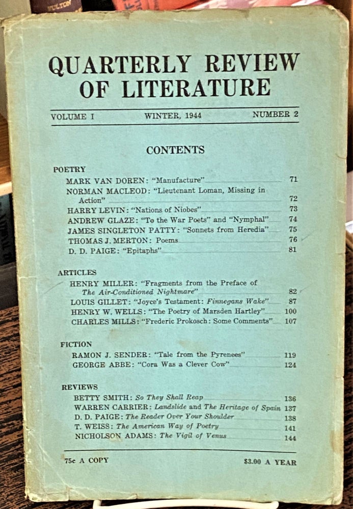 Item #68341 Quarterly Review of Literature Winter 1944. Harry Levin Mark Van Doren, others, Henry Miller, Thomas J. Merton.