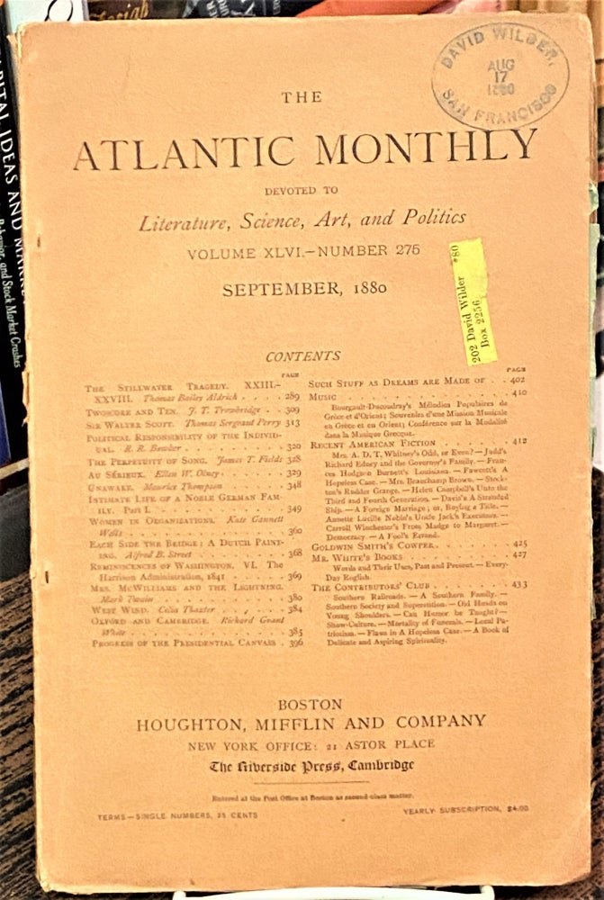 Item #68660 The Atlantic Monthly, September 1880. Thomas Bailey Aldrich Mark Twain, others, Maurice Thompson.