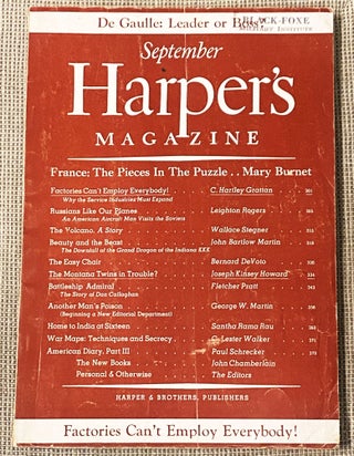Item #76894 Harper's Magazine, September 1944. Fletcher Pratt Wallace Stegner, others