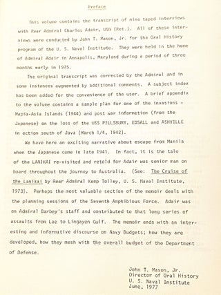 Reminiscences of Rear Admiral Charles Adair, U.S. Navy (Retired)